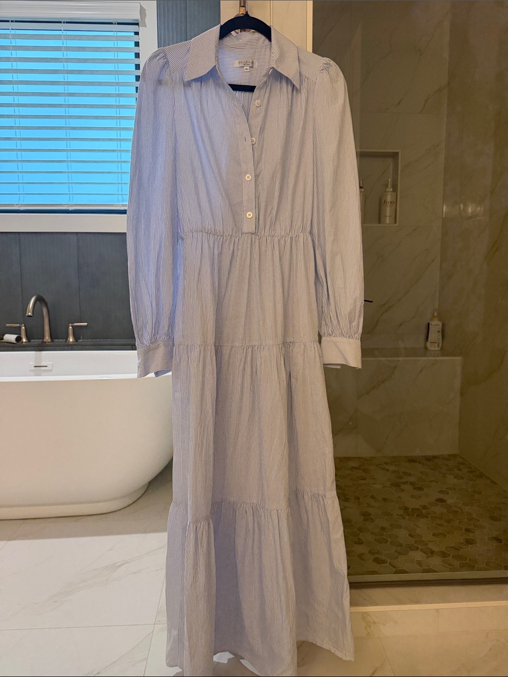 Light Blue Tiered Button-Front Maxi Dress with Long Sleeves - Brand New